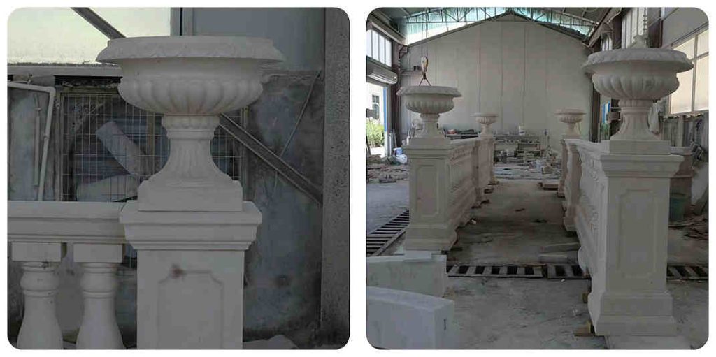 White marble railing pillars with decorative urn finials, displayed in factory for wedding conservatory project.